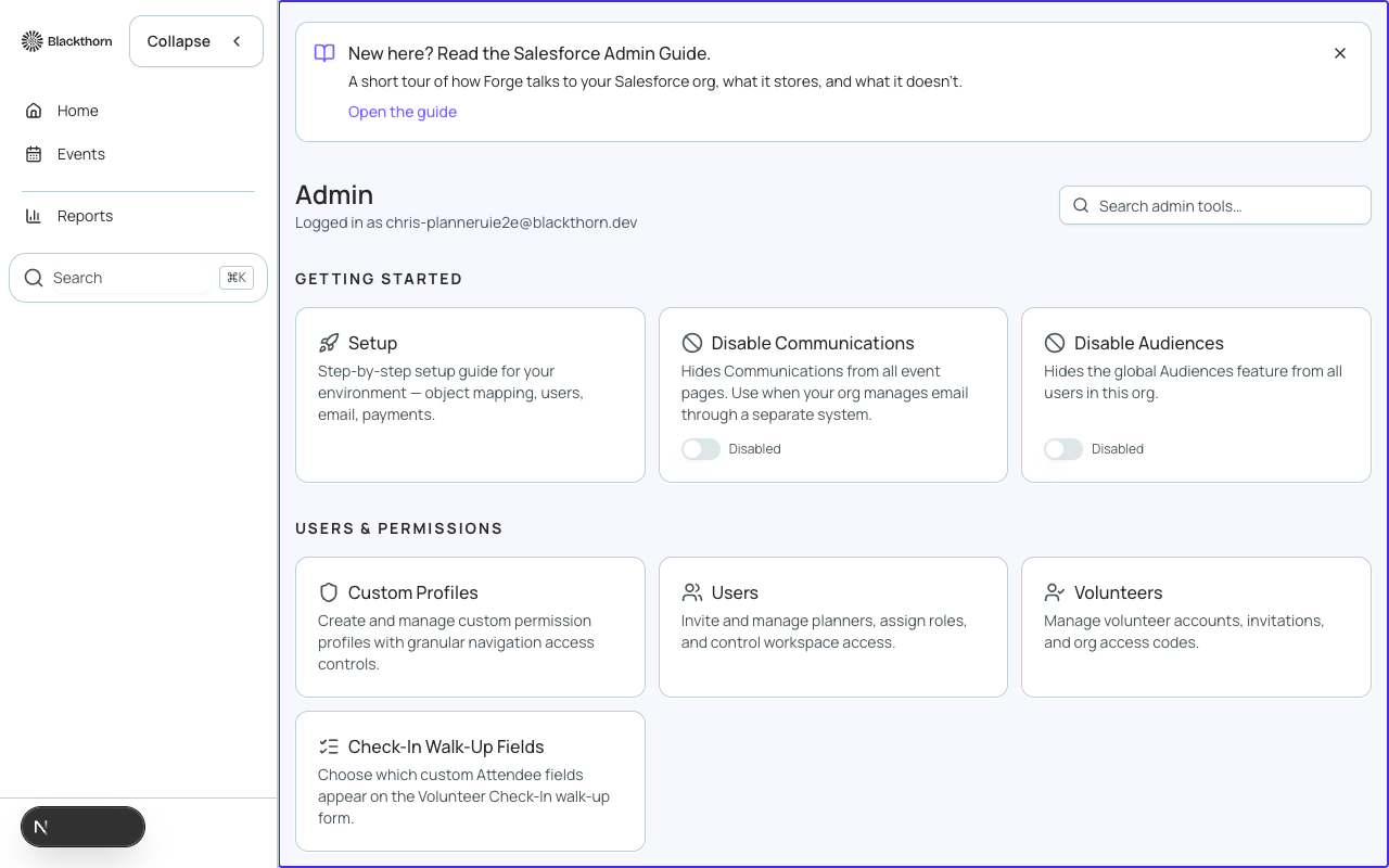 The Admin hub, accessible via the sidebar Admin link.