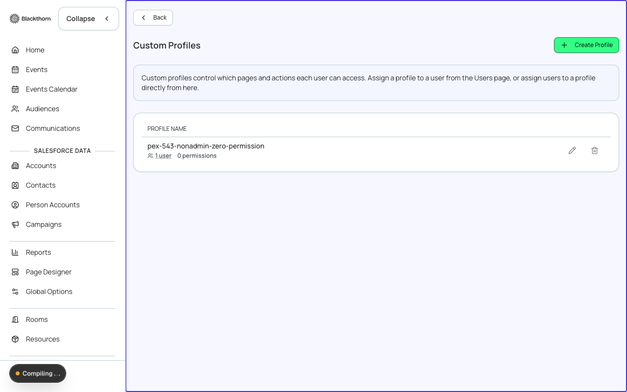 The Profiles list — showing built-in and custom profiles.