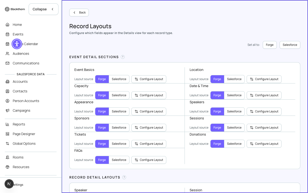 The Record Layouts editor for the Event object, showing draggable field cards.