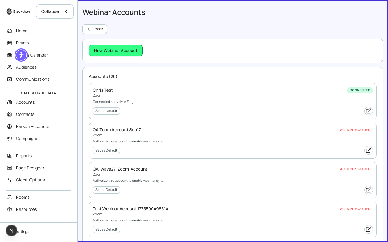 The Webinar Accounts list showing a connected Zoom account with an Active status.