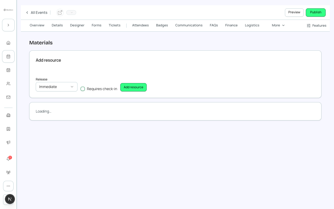 The Materials tab, showing the add-resource form.