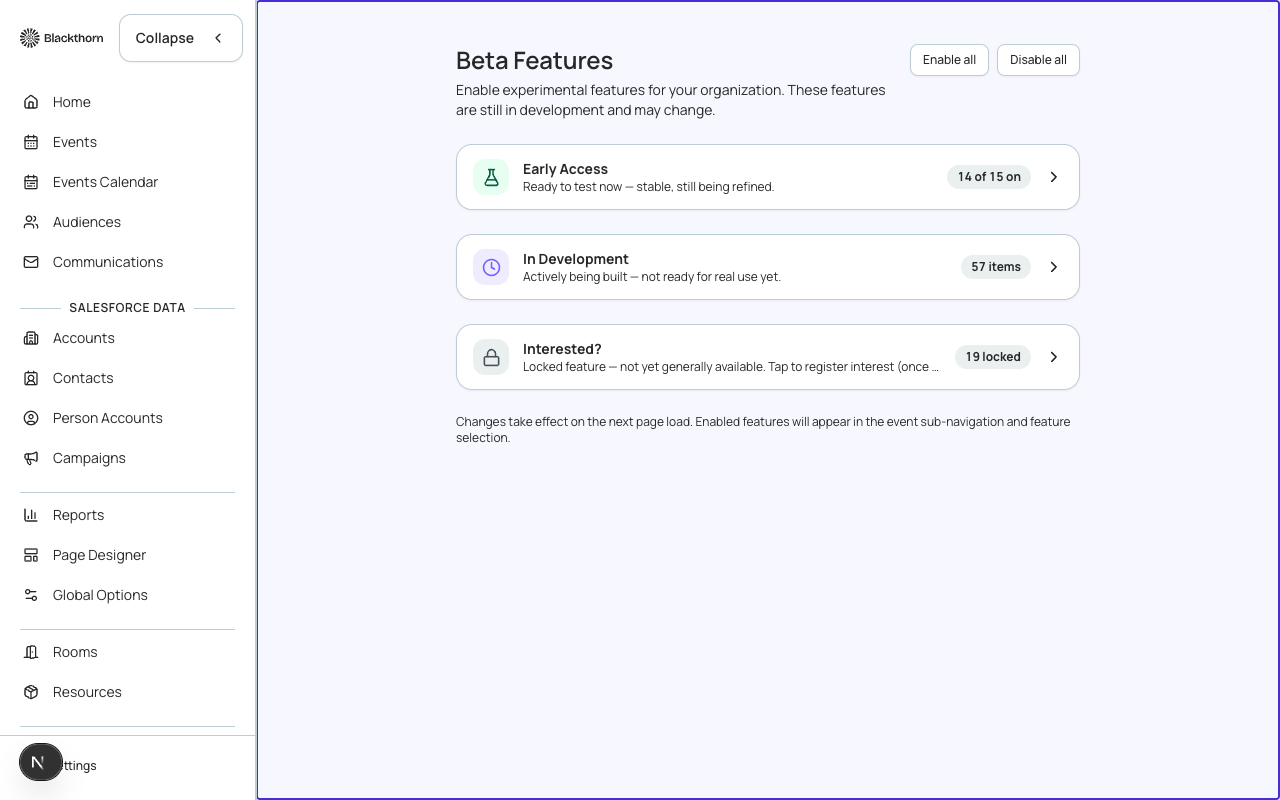 The /beta page lists all beta and coming-soon features. Toggle any beta feature on or off at any time.