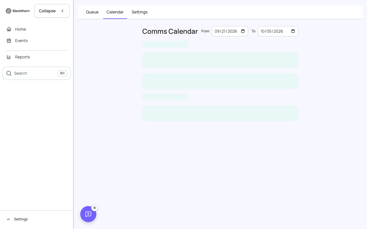 The Communications Orchestration calendar view showing scheduled sends across multiple events with conflict indicators.