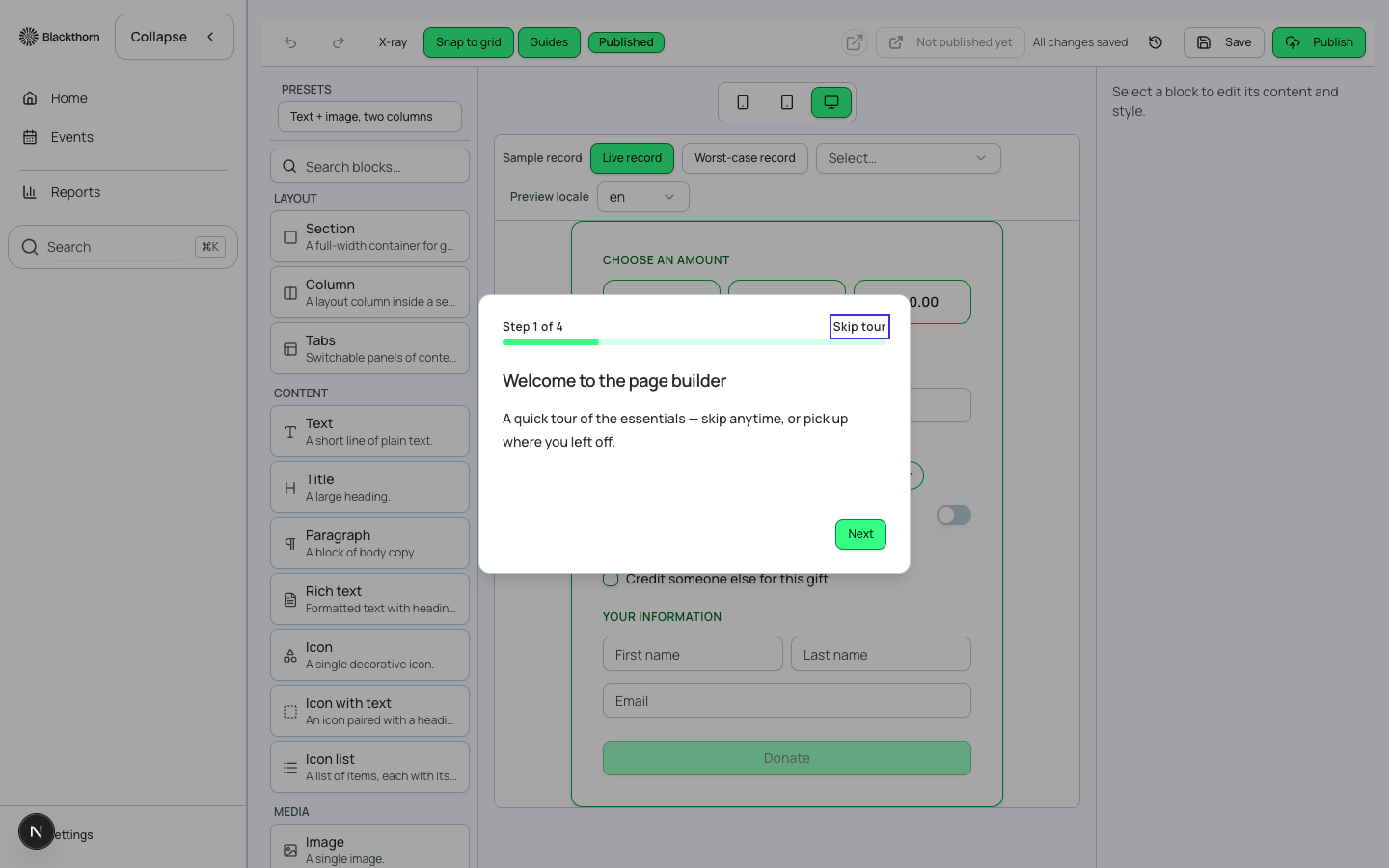 The donation page builder with ask array configuration, designation picker settings, and Gift Aid options.