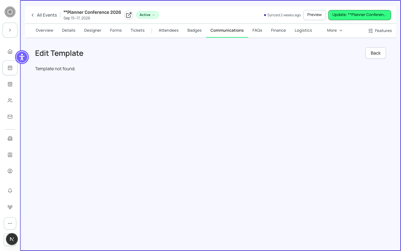 The template editor showing a confirmation email template with merge field tokens highlighted.