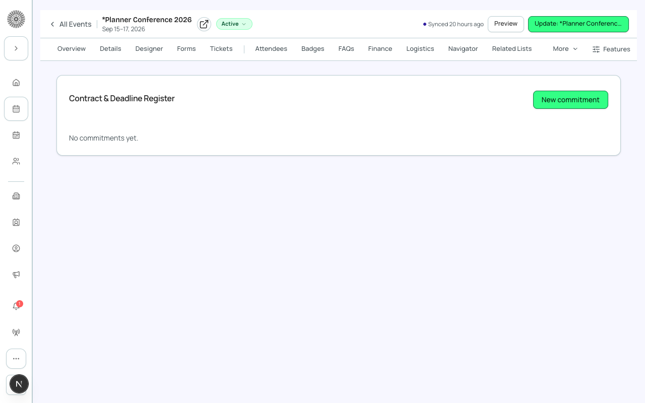 The Contract & Deadline Register tab, on the event's manage shell.