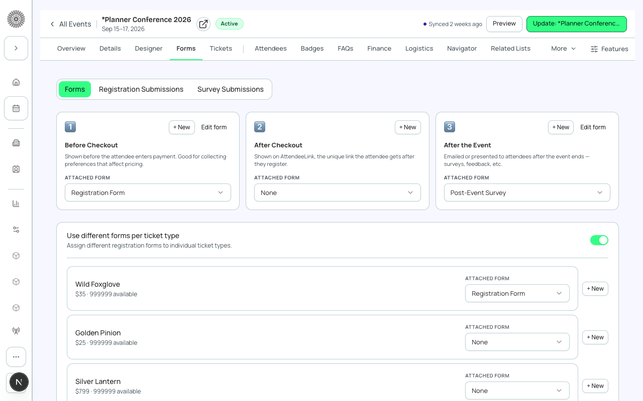 The Forms tab showing a registration form with standard and custom form elements, and their Salesforce field mappings.