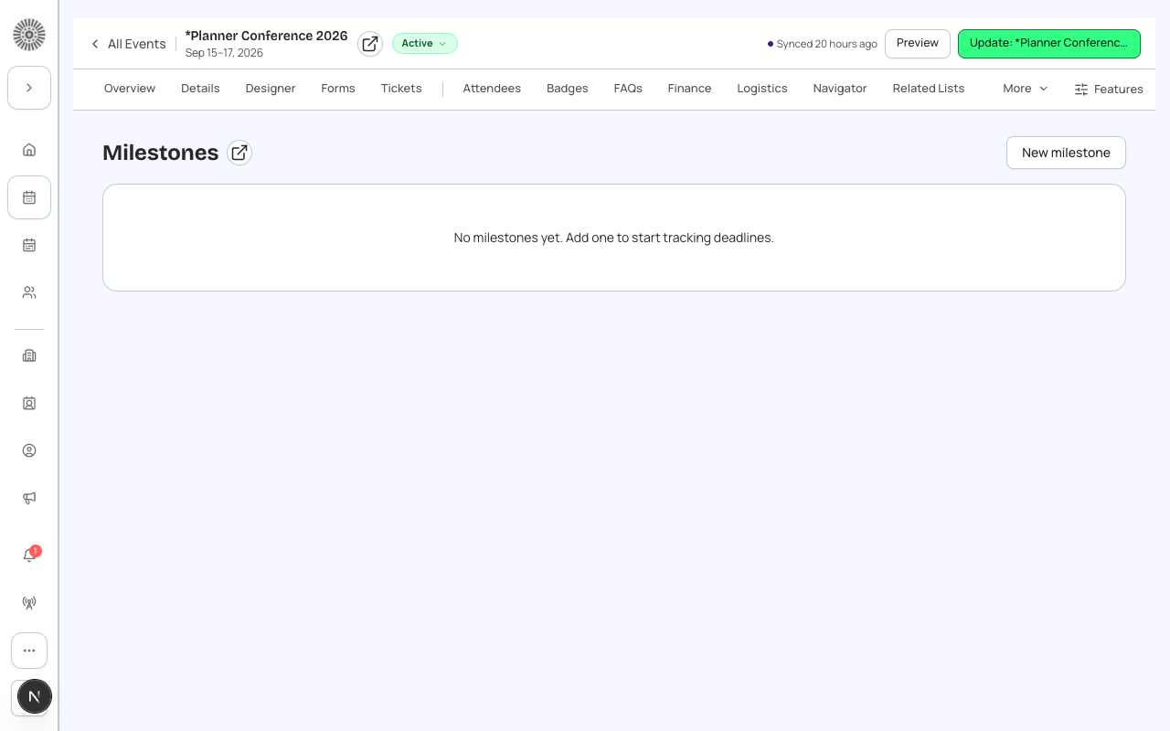 The Milestones & Deadlines tab, on the event's manage shell.