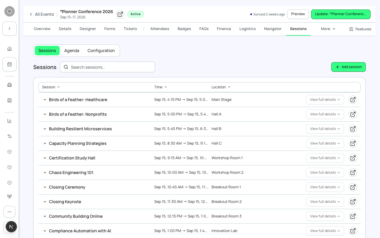 The Sessions tab showing a grid of sessions organized by track and time slot, with capacity indicators.