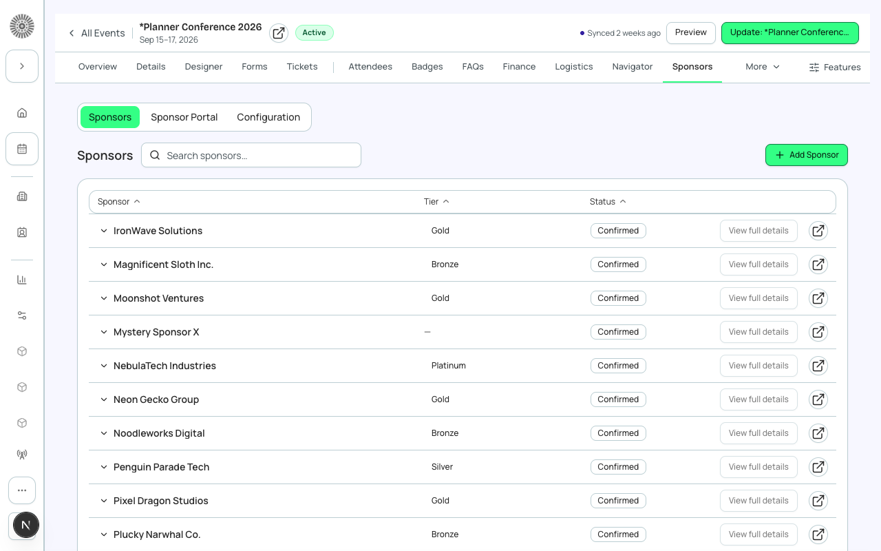 The Sponsors tab for Planner Conference 2026, showing 44 sponsors organized by tier with logo previews and confirmation status.