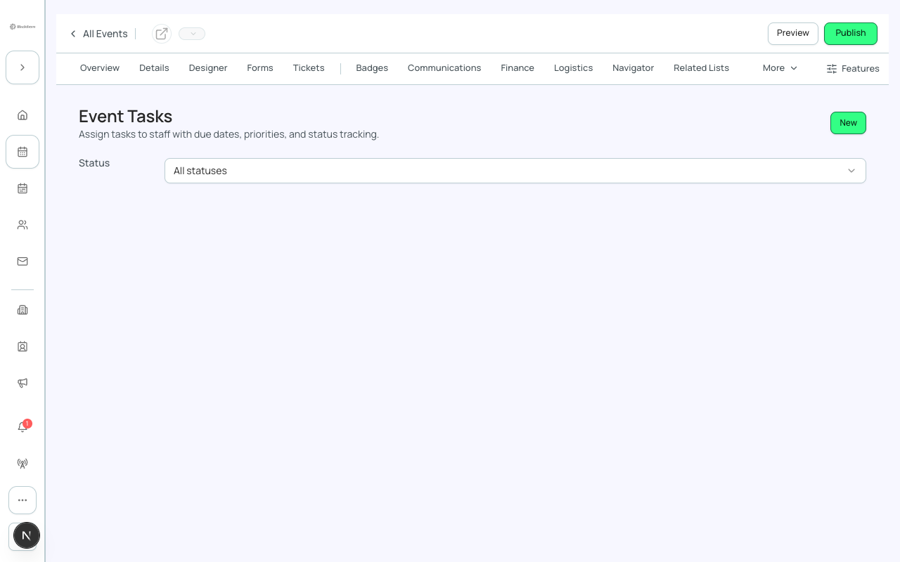The Event Tasks tab, on the event's manage shell.