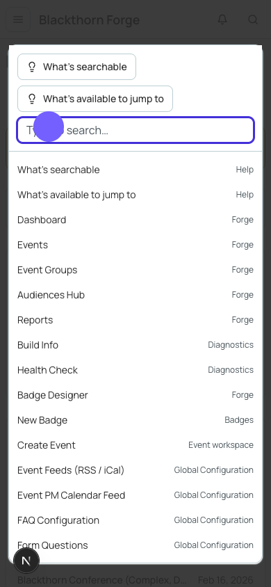 Global search (⌘K) lets you jump to any event, attendee, or record instantly.