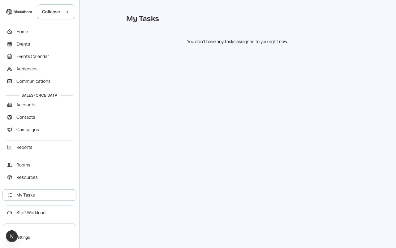 The My Tasks page. Shown here with nothing assigned yet — tasks appear once assigned to you from an event's Tasks tab.