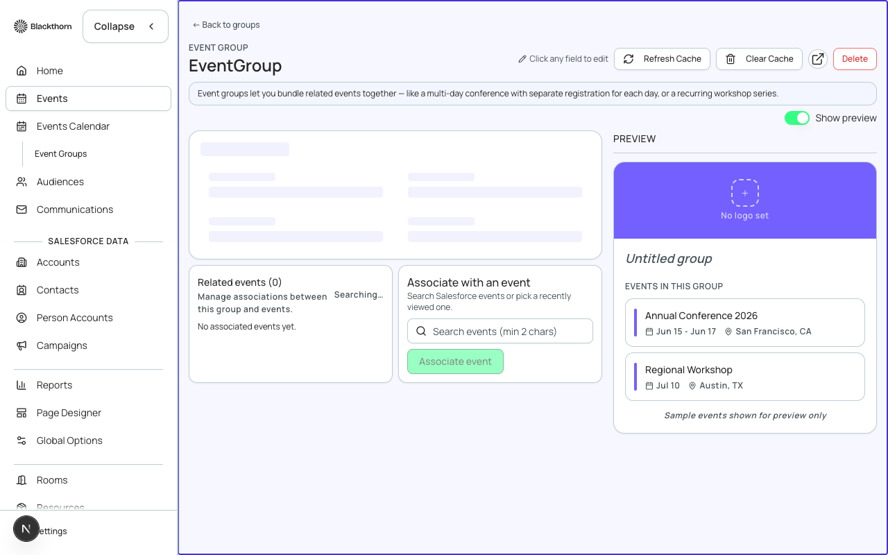 Events grouped under a common Event Group — useful for conference series and roadshows.