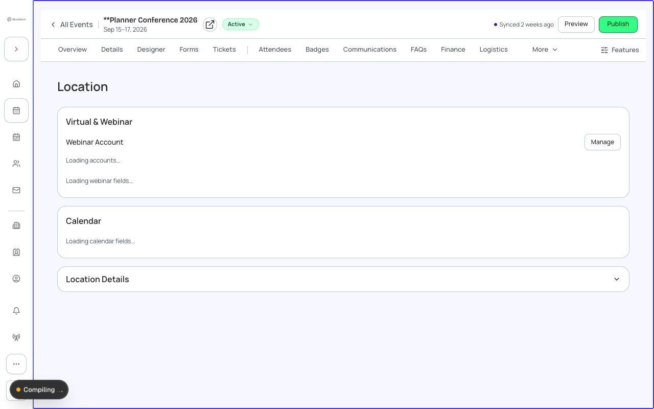 The Location tab showing venue address, map embed, and room configuration.