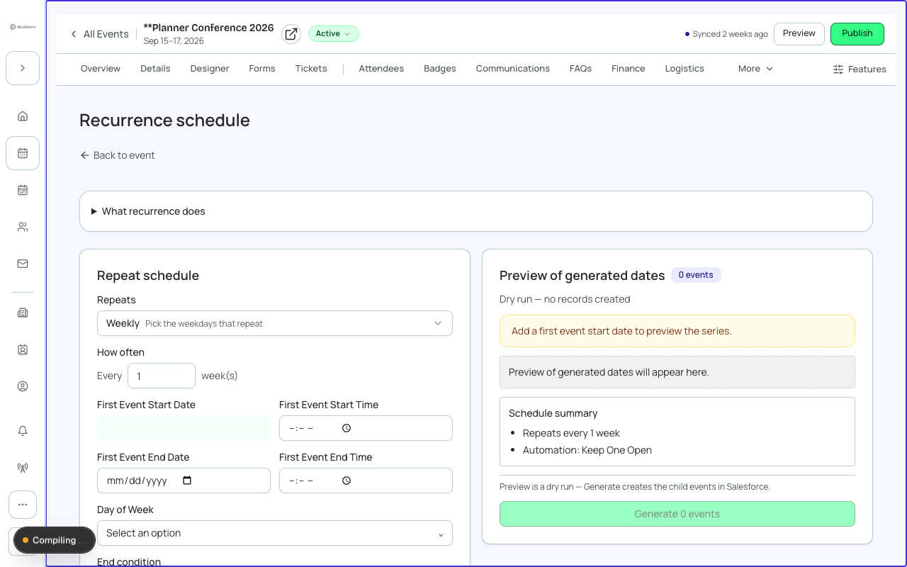 Recurring Events beta tab — configure recurrence schedule and occurrence count.