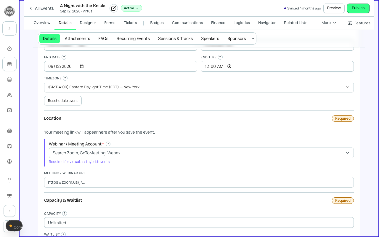 Event Info tab with Location Type set to Virtual and a meeting link configured.