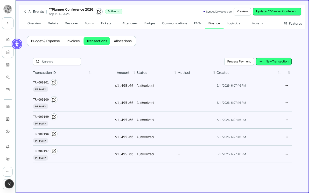 The Transactions tab showing a filtered list of completed transactions for Planner Conference 2026 with refund status indicators.
